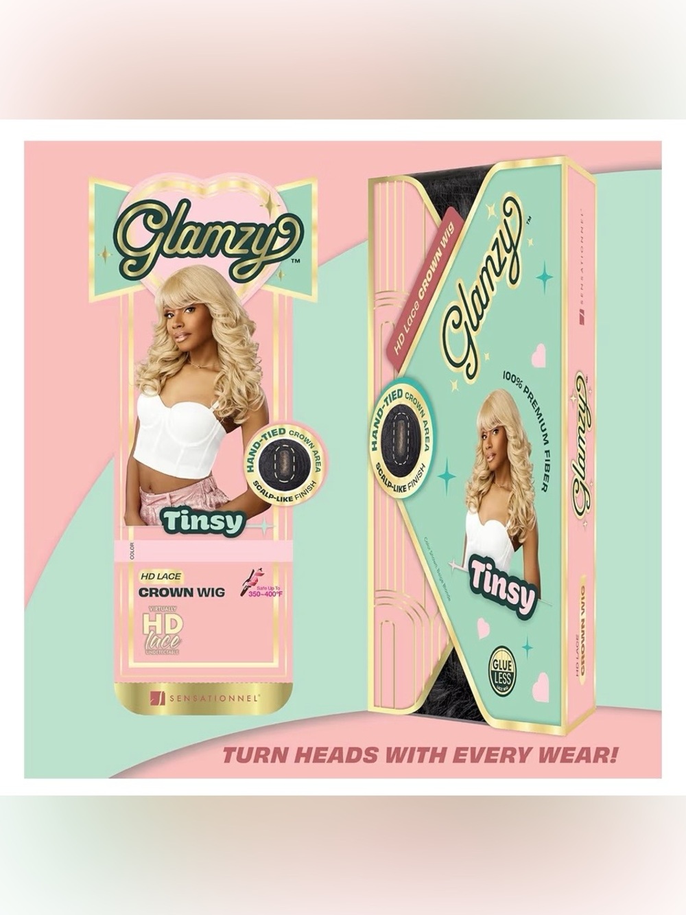NWT - Glamzy Tinsy HD Lace Crown Wig 24” Curly Glueless Synthetic Wig | Color 2